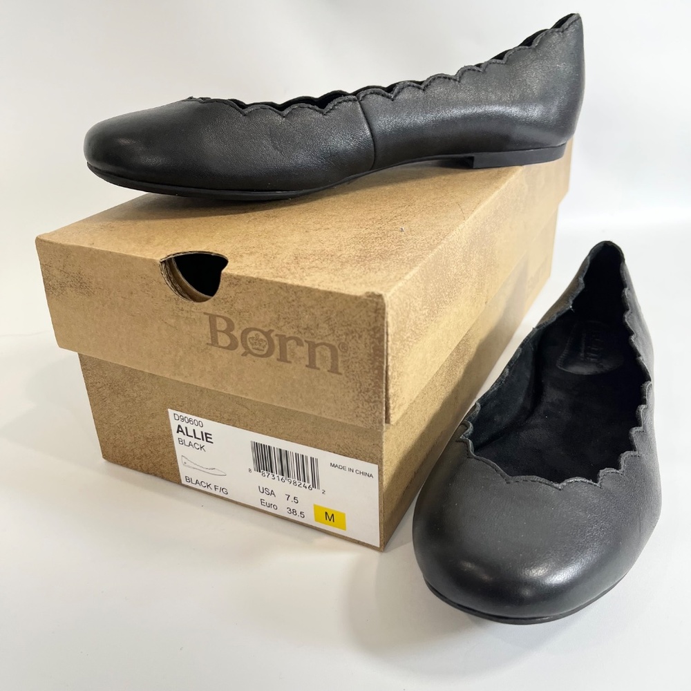 Born Allie Scallop Slip On Black Leather Flats Size 7.5 New with original box - Picture 8 of 9